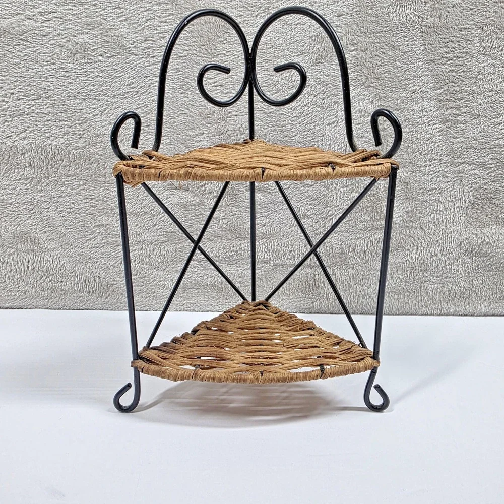 Dollhouse Miniature Black Rack Metal and Wicker Shelf Display Furniture